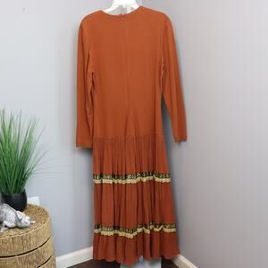 Vintage Barboglio Cristina Jan Boho Maxi Dress Rust Gold Trim Long Sleeve Sz 12